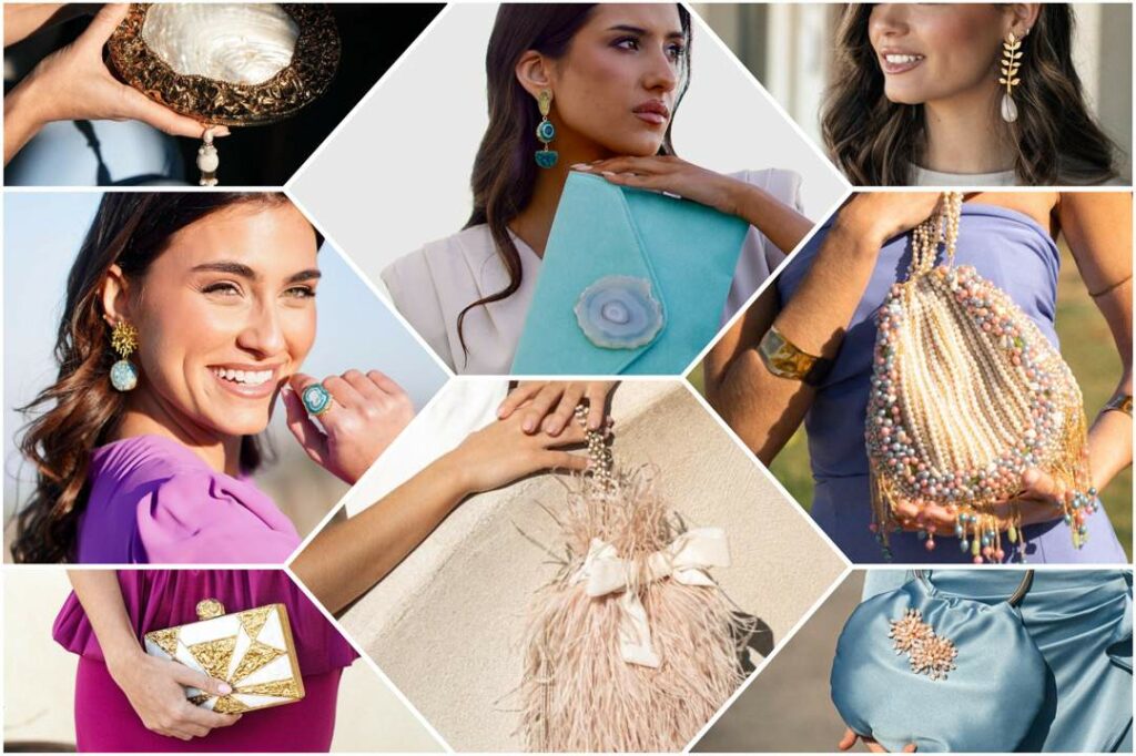 Complementos como bolsos, clutch y pendientes elegidos para madres de comunión por Mariquita Trasquilá