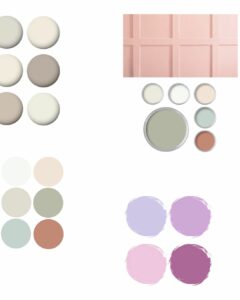 Paleta de colores pastel con tonos suaves, como beige,verde salvia, rosa empolvado, ideales para inspiración madres de comunión.