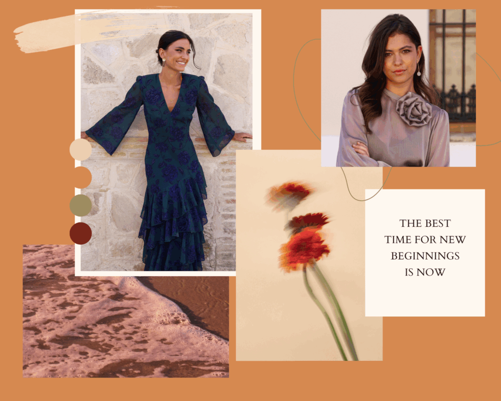 Colección de vestidos de invitada otoño-invierno en tonos tendencia: calabaza, azul, verde, topo y gasa, ideales para eventos elegantes y con estilo de temporada. Colección de vestidos de invitada otoño-invierno en colores de temporada como calabaza, azul, verde, topo y gasa, con cortes modernos y sofisticados para ocasiones especiales.