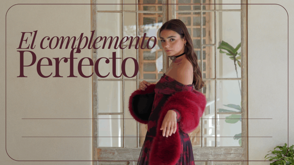 Detalle de estola de pelo sintético elegante para invitadas, combinada con vestido de fiesta en tonos otoñales. Ideal para bodas de otoño-invierno 2025/26, aporta estilo, calidez y sofisticación al conjunto.